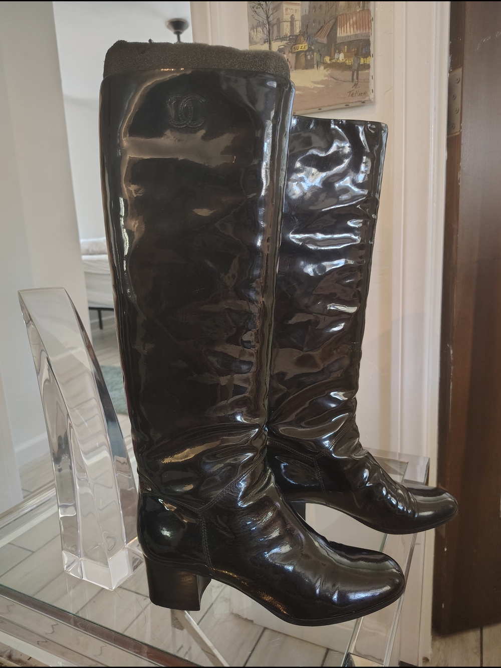Black Patent Leather Knee-High Boots with Logo